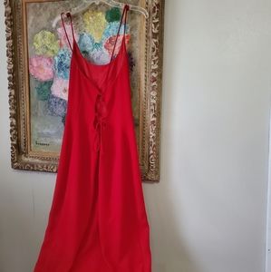 Red scoop neck Lace Up Back Maxi Dress